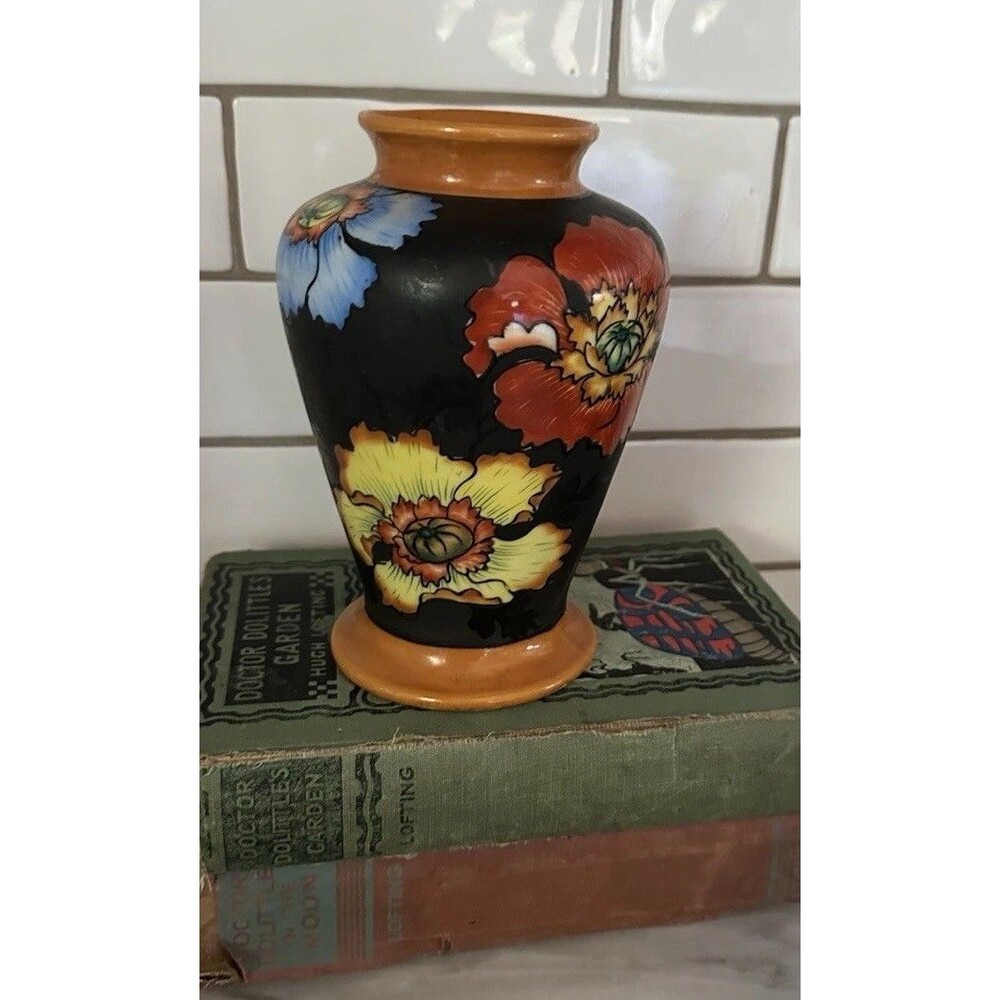 Orange Blue Red Poppy Black Flora Vase Japan Hand Painted 6.5”